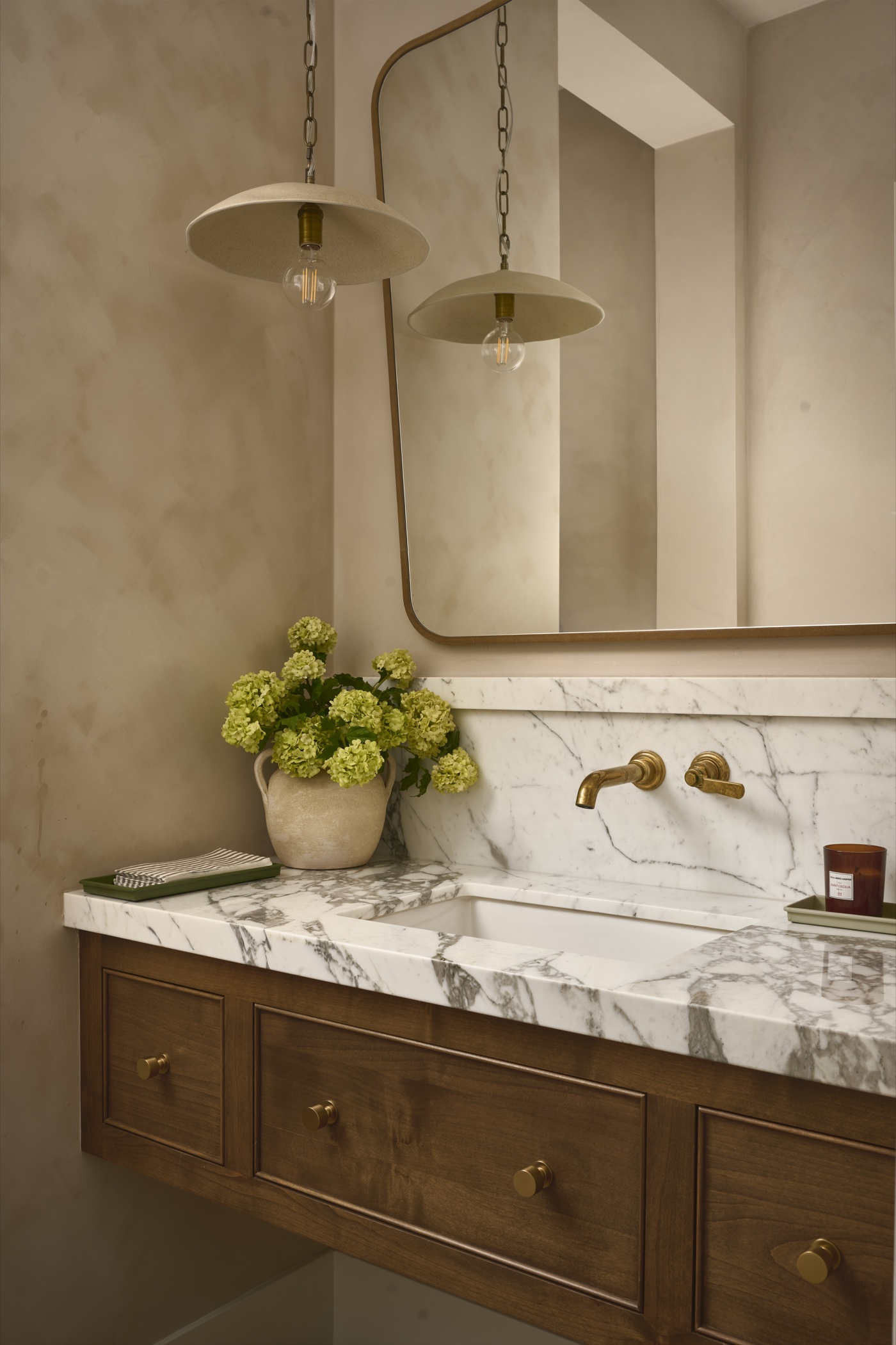 Stone and wood powder room vanity at 53rd Place