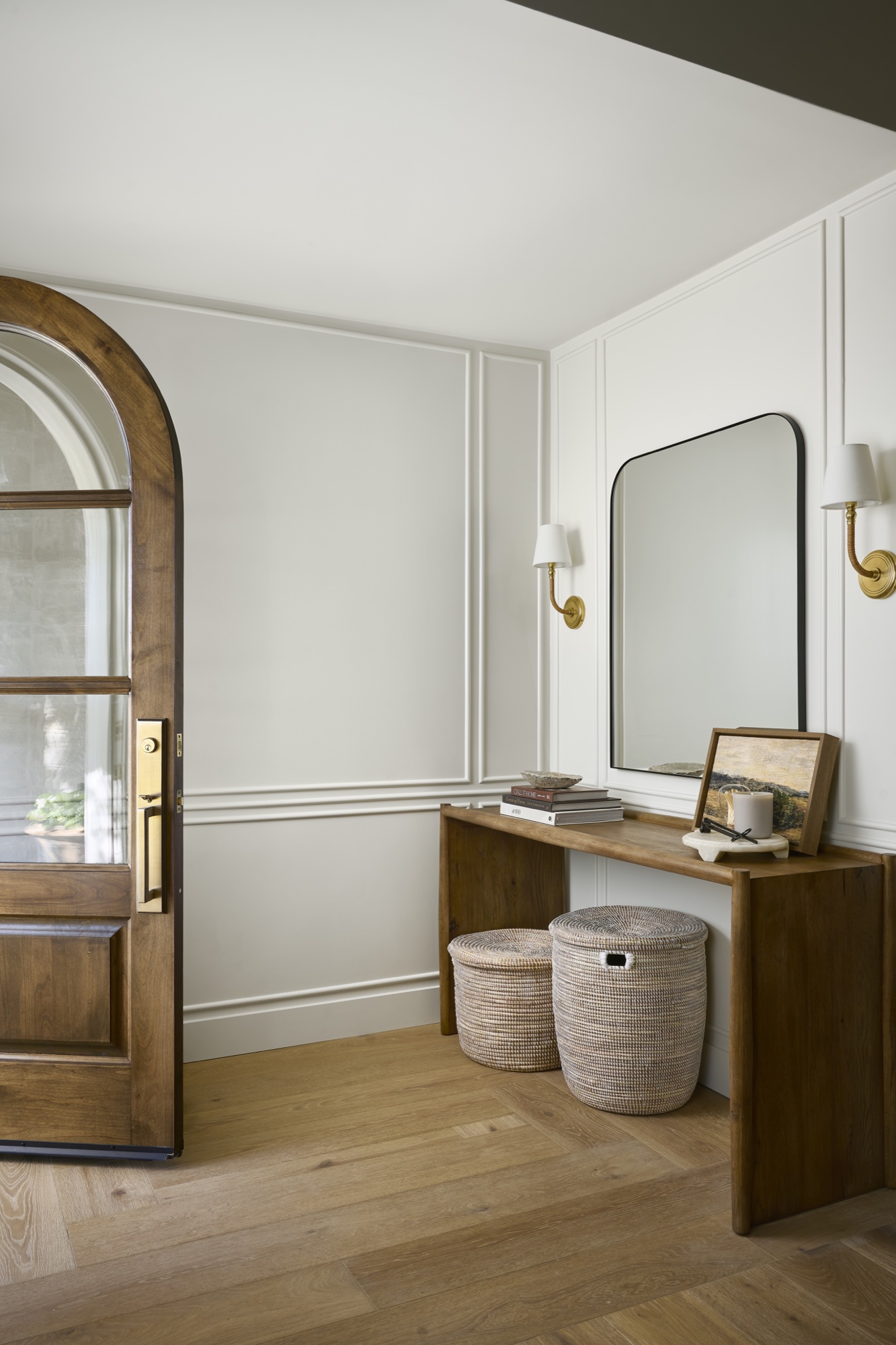 Warm wood and arched entry at the Paisano Circle remodel